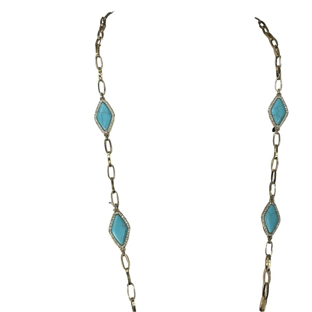 Ralph Lauren Gold Tone 18” Drop Boho Trendy Chain Link Turquoise Necklace - Picture 5 of 10